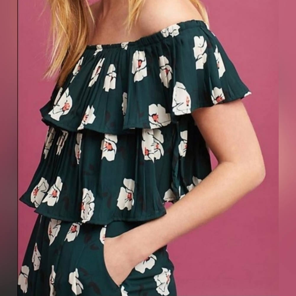 J.O.A. from Anthropologie -- Green Floral Jumpsuit - Wide Leg Flowy with Pockets - Picture 3 of 13
